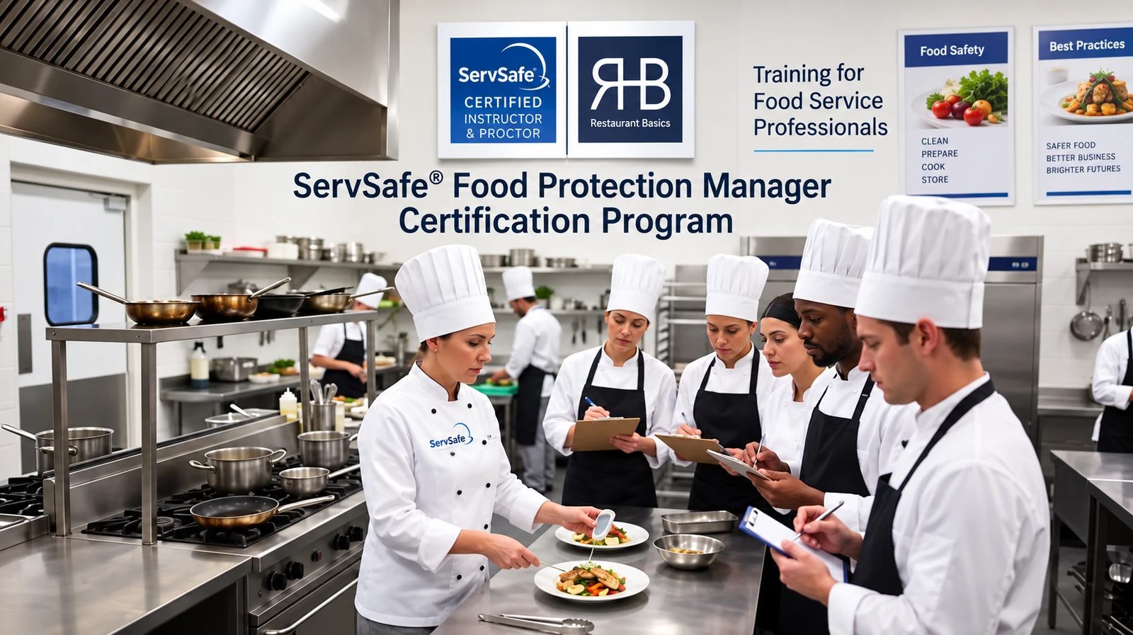A ServSafe instructor demonstrating plating and temperature checks to a group of cooks taking notes in a commercial kitchen