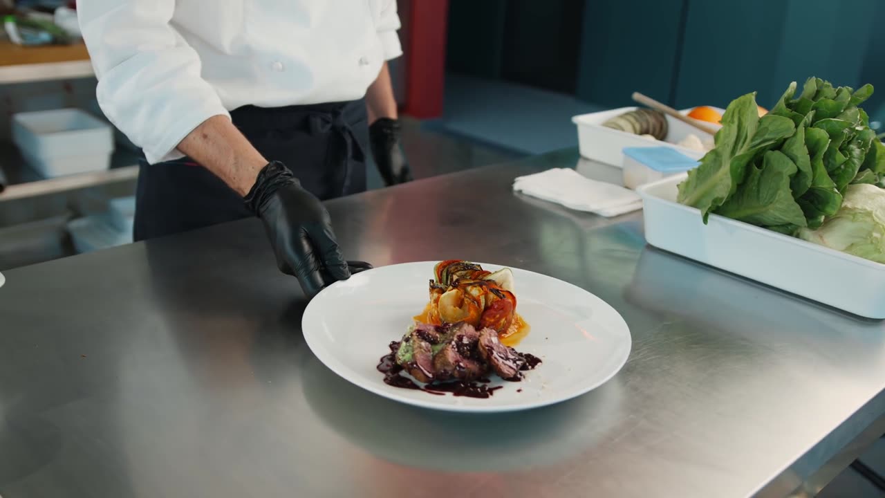 Brand video: a chef in black gloves finishing a gourmet plate